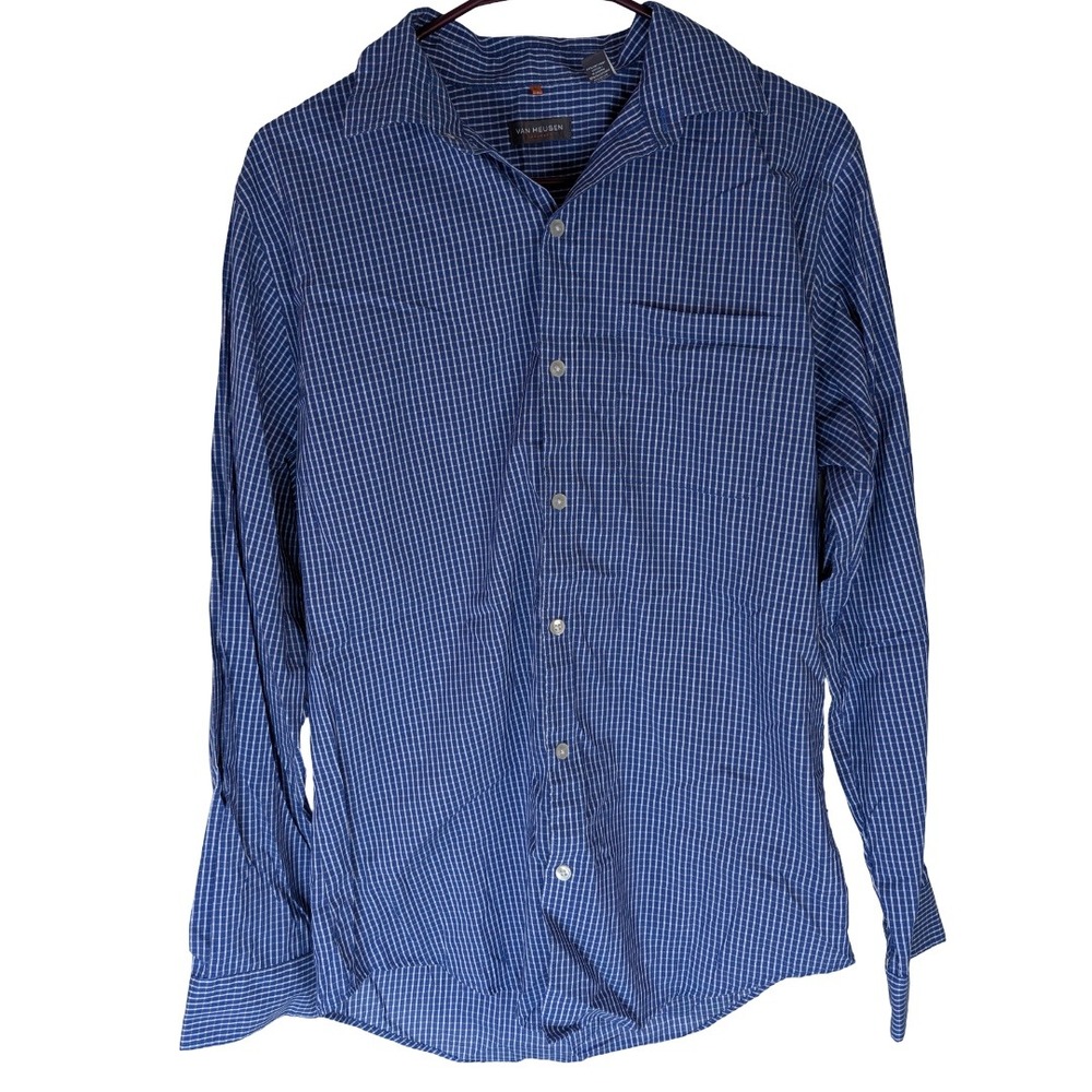 Van Heusen Button Up Shirt Mens Small Blue Check Long Sleeve Traveler Stretch W
